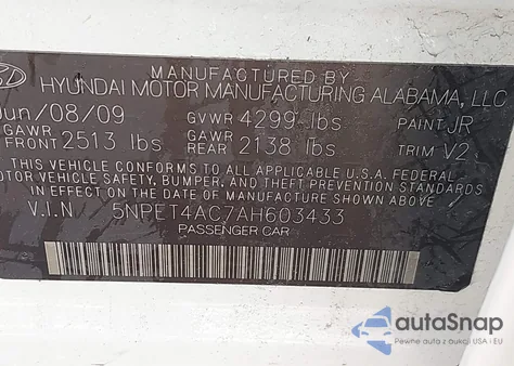 2010 Hyundai Sonata Gls z USA, uszkodzony, nr VIN 5NPET4AC7AH603433